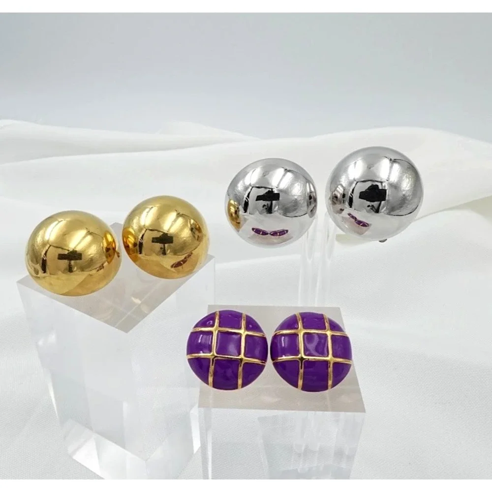 VTG Mod Half Ball Dome Earrings Lot Gold Silver Tone Purple Unmarked and Coro